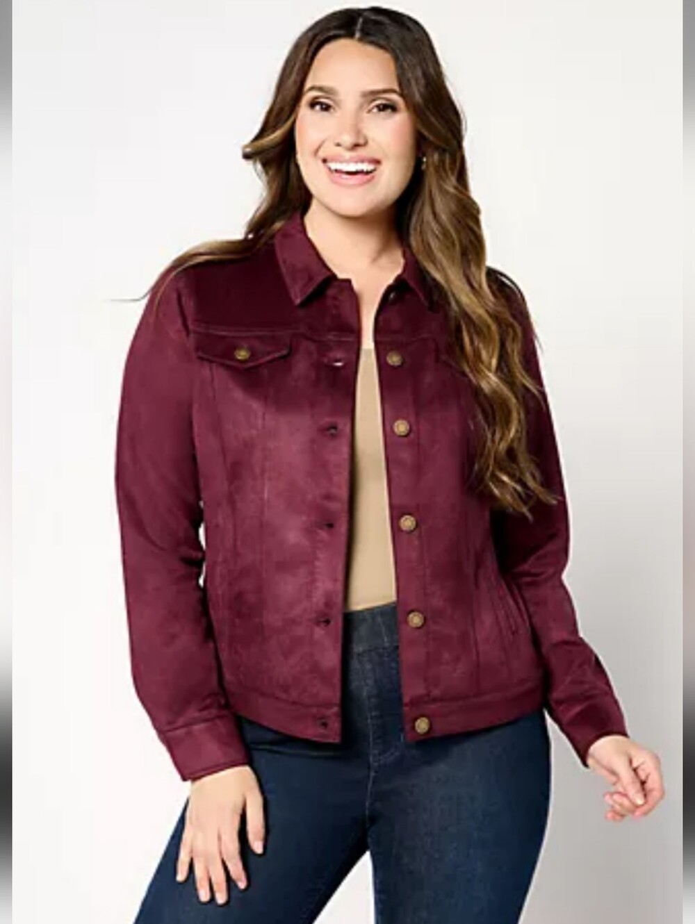 Belle by Kim Gravel PerSuede Me Trucker Jacket Button Front Burgundy Size-2X